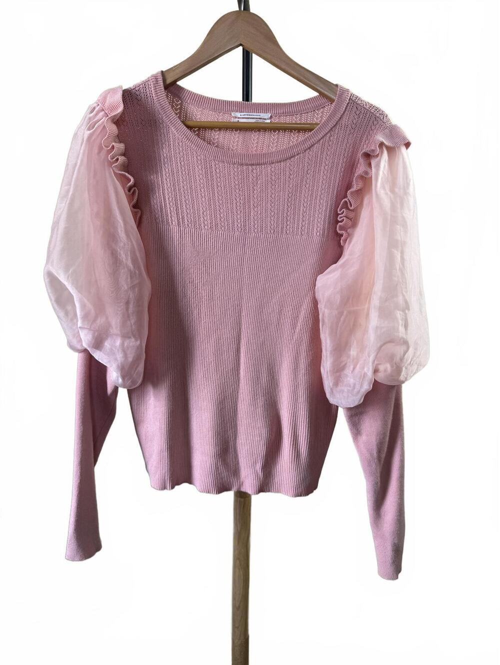 Anthropologie Pink Knit Sweater with Sheer Puff Sleeves. Size M